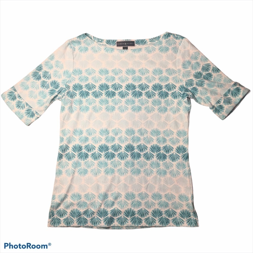 Karen Scott Ombré Seashells White Teal Boatneck Short Sleeve Cotton Top Small